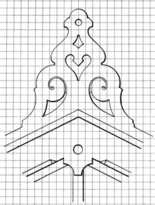 Widegrens Byggnadslära, ritning på ""topprydnad" (original i Charles Emil Löfvenskiölds "Landtmannabyggnader.)