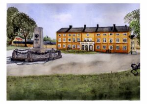 10. "Framåt, kamrater" Stadshuset, f d regementshuset, Malmköping. Akvarell av Johanna Cederqvist 27x20 cm 1500:-
