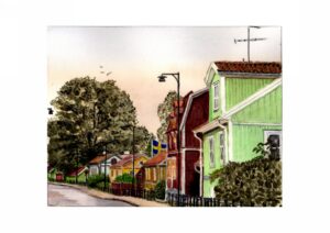 21. "Lyckliga gatan" Landsvägsgatan Malmköping. Akvarell av Johanna Cederqvist 20x16 cm SÅLD