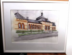 8. "Rallarsving" Flens järnvägsstation. Akvarell av Johanna Cederqvist 38x27 cm 2000:-