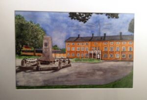 9. "Låt oss vara kamrater här på Malmahed" Stadshuset, f d regementshuset, Malmköping. Akvarell av Johanna Cederqvist 40x26 cm 2000:-