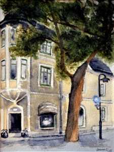 16. "Då som nu som alltid" Stora torget, Malmköping. Akvarell av Johanna Cederqvist 20x26 cm 1400:-